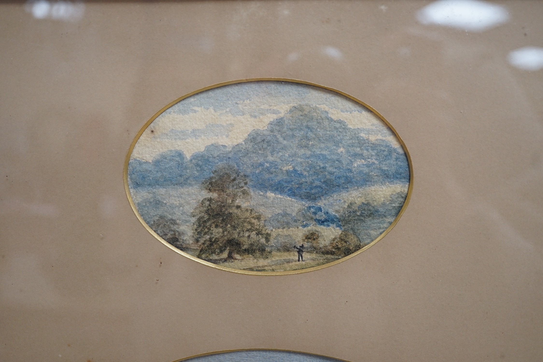 19th century English School, nine watercolours, Views of a country church and surrounding topography, largest 13 x 18cm, framed as one